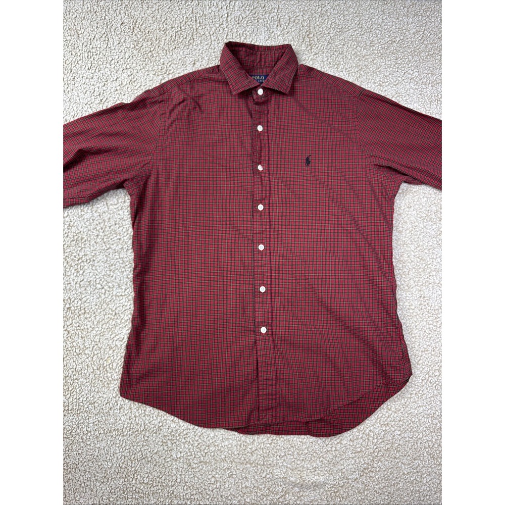 Polo Ralph Lauren Button Up Shirt Mens L Red Plaid‎ Long Sleeve Check Black Pony